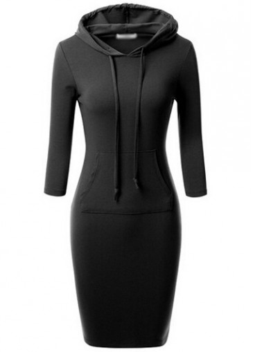 Pocket Design Hooded Collar Black Dress