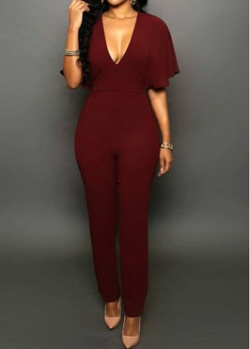 Wine Red V Neck Half Sleeve Jumpsuits