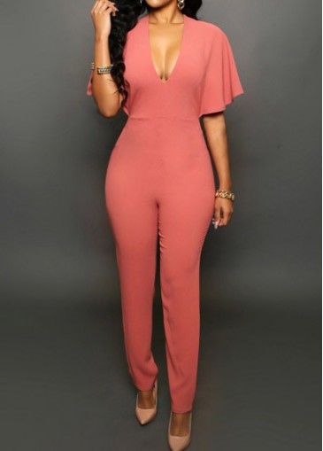 V Neck Pink Half Sleeve Ankle Length Jumpsuits