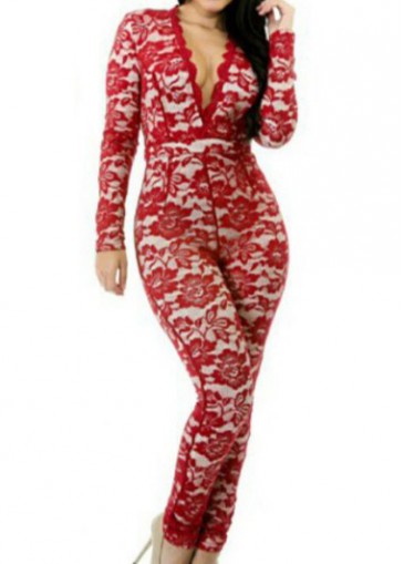 Deep V Neck Long Sleeve Red Lace Jumpsuit