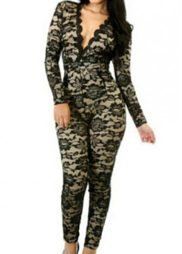 Plunging Neck Long Sleeve Black Lace Jumpsuit