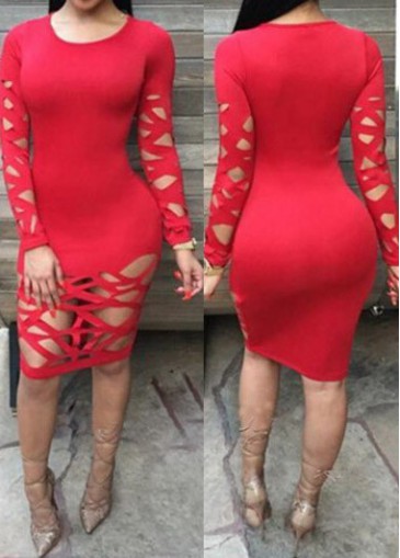 Red Hollow Design Knee Length Dress