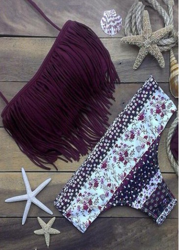 Tassel Design Purple Bra and Printed Panty Swimwear