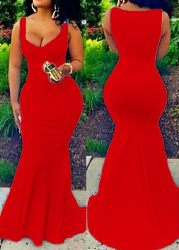 V Neck Sleeveless Red Maxi Dress