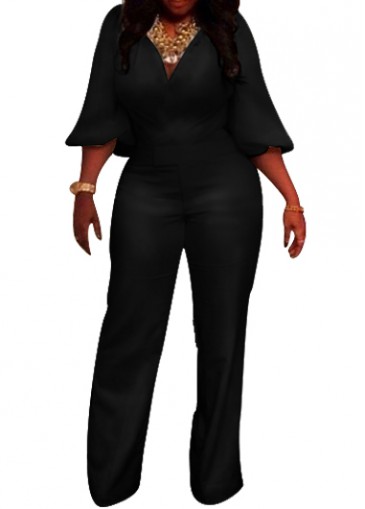 V Neck Lantern Sleeve Black Jumpsuit