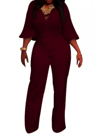 Wine Red Three Quarter Sleeve V Neck Jumpsuit
