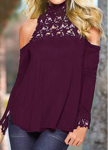 Wine Red Cold Shoulder High Neck Blouse