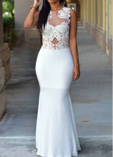 Sleeveless Lace Panel White Maxi Dress