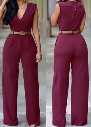 Sleeveless V Neck Wine Red Jumpsuit