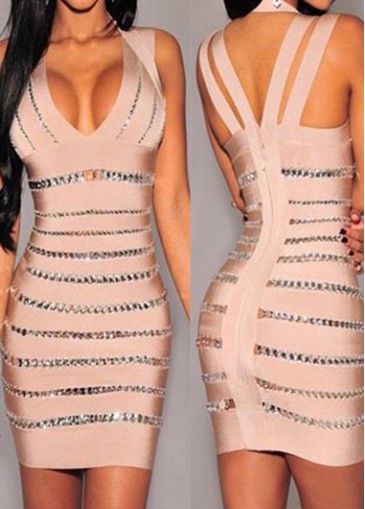 Sleeveless V Neck Nude Pink Bodycon Dress