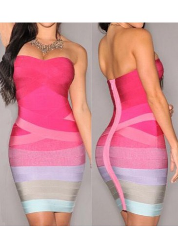 Stripe Print Open Back Pink Sheath Dress