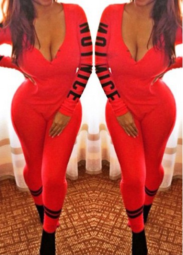 Red V Neck Letter Pattern Jumpsuit