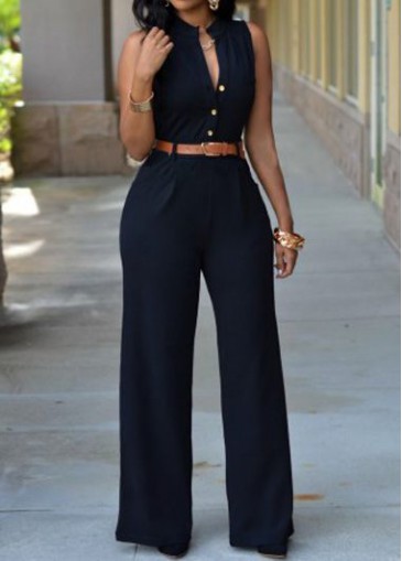 Black Stand Collar Sleeveless Loose Jumpsuit
