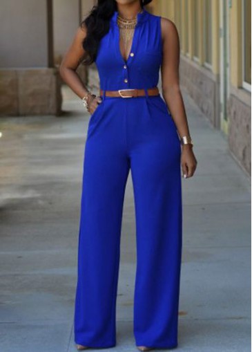Button Embellished Royal Blue Loose Jumpsuit