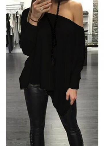 Skew Neck Asymmetric Black T Shirt