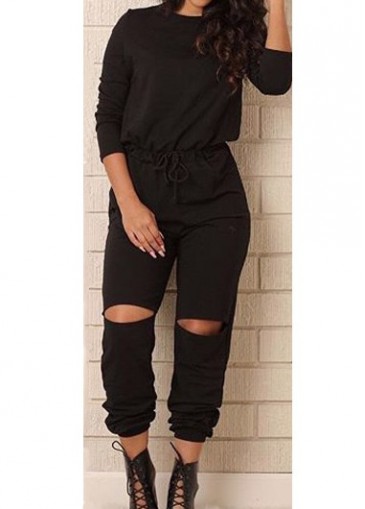 Black Drawstring Waist Cutout Design Jumpsuits