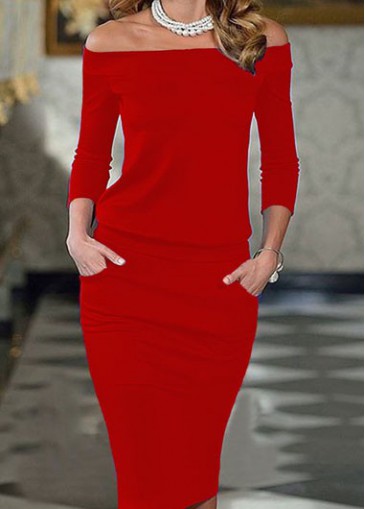 Boat Neck Pocket Embellished Red Dress