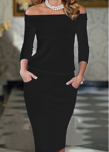 Boat Neck Three Quarter Sleeve Black Dress