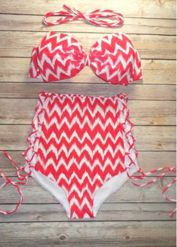 Red Lace Up Chevron Print Two Piece Swimwear