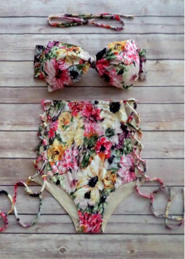 Flower Print Lace Up Two Piece Swimwear