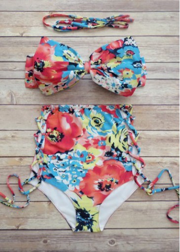 Lace Up Printed Two Piece Swimwear