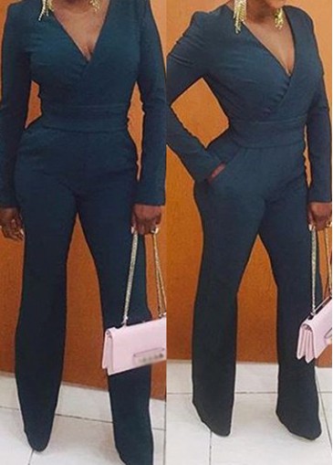 Pocket Design Long Sleeve V Neck Jumpsuit