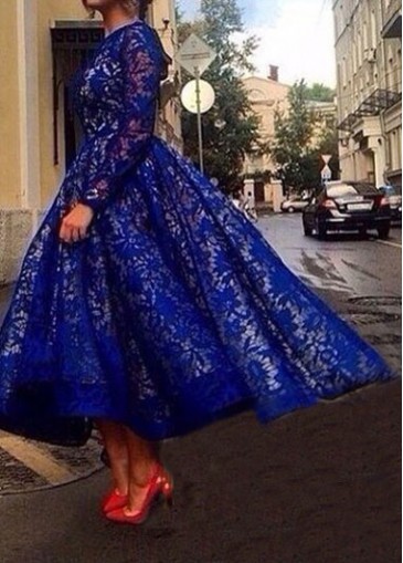 Long Sleeve Blue Lace Maxi Dress