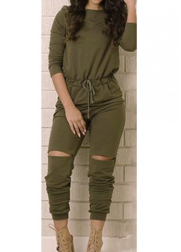 Cutout Design Drawstring Waist Army Green Jumpsuits