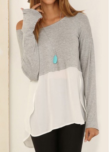 Chiffon Panel Grey Skew Neck Asymmetric Blouse