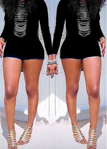 Solid Black Casual Long Sleeve Rompers
