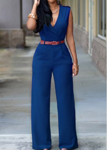 Navy Blue V Neck Sleeveless High Waist Jumpsuits