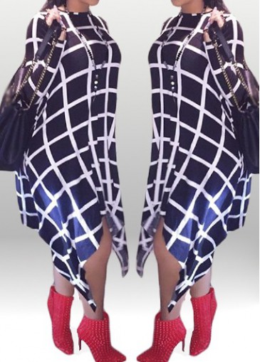 Long Sleeve Plaid Pattern Asymmetric Hem Dress