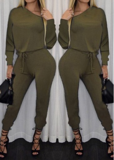 Long Sleeve Skew Neck Army Green Jumpsuit