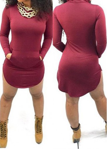 Wine Red Long Sleeve Curved Dress