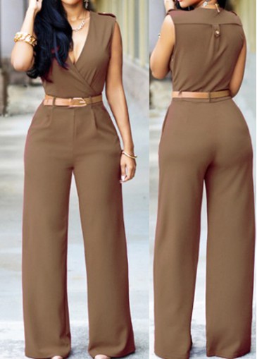 Dark Khaki High Waist Button Decorated Jumpsuits