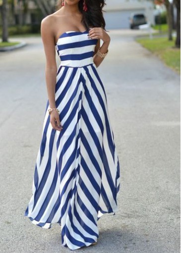 Stripe Print Open Back High Waist Chiffon Dress