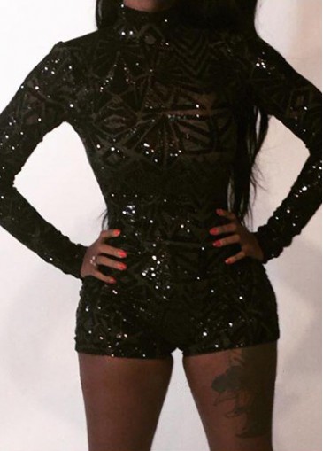Sequin Decorated Long Sleeve Black Romper