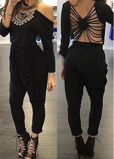 Long Sleeve Pocket Design Black Jumpsuit