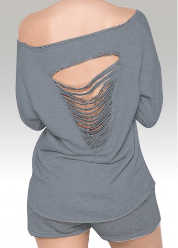 Grey Cutout Design Skew Neck Top and Shorts