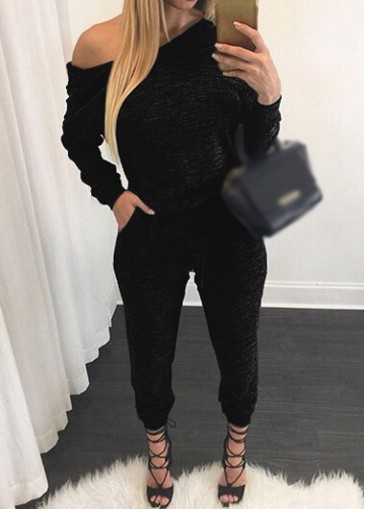 Black Drawstring Waist Skew Neck Jumpsuits