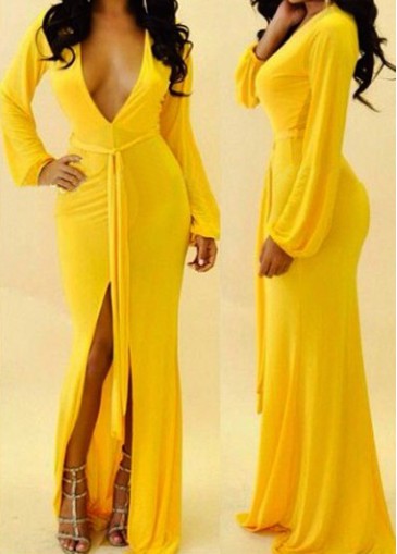 Yellow Plunging Neck Slit Design Dress