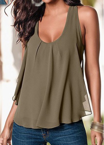 Sleeveless Round Neck Army Green Blouse