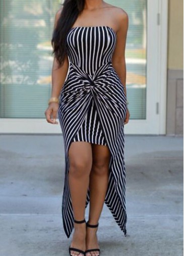 Strapless Stripe Pattern Twisted Asymmetric Hem Dress