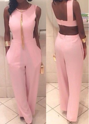 Open Back Round Neck Pink Jumpsuits