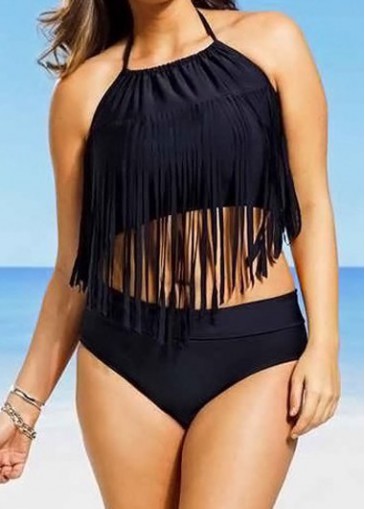 Black Tassel Design Crop Top and Panty Swimwear