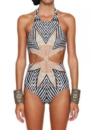 Halter Geometric Pattern Sleeveless Black Monokini