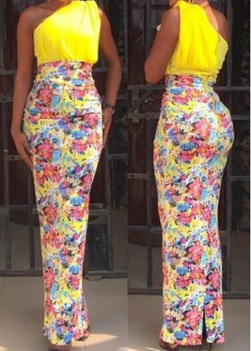 Flower Print Yellow One Shoulder Maxi Dress