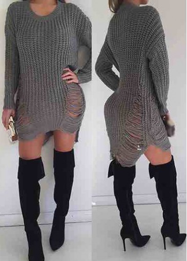 Round Neck Long Sleeve Asymmetric Dress