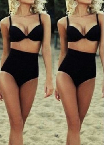 Black Spaghetti Strap High Waist Two Piece Swimwear