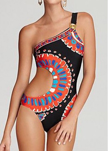 Printed One Shoulder Cutout Waist One Piece Swimwear